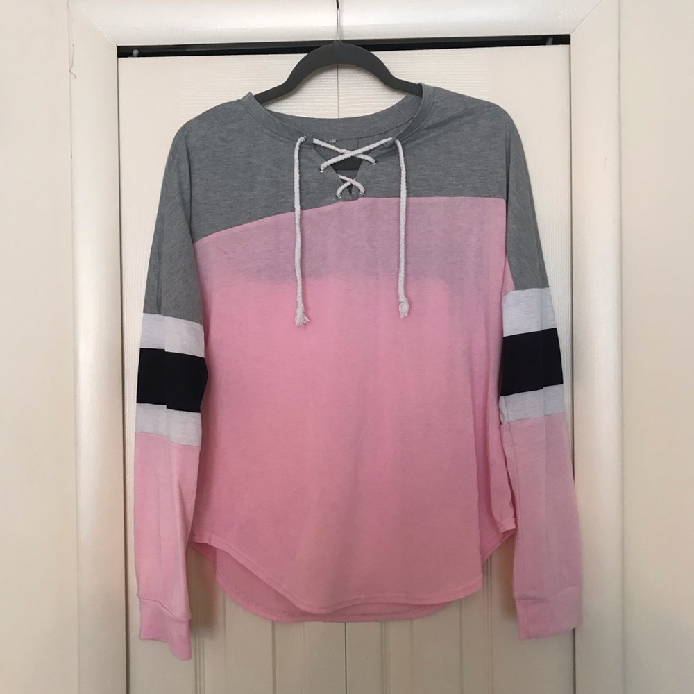 Pink/Gray top w/ laces & striped sleeves, medium